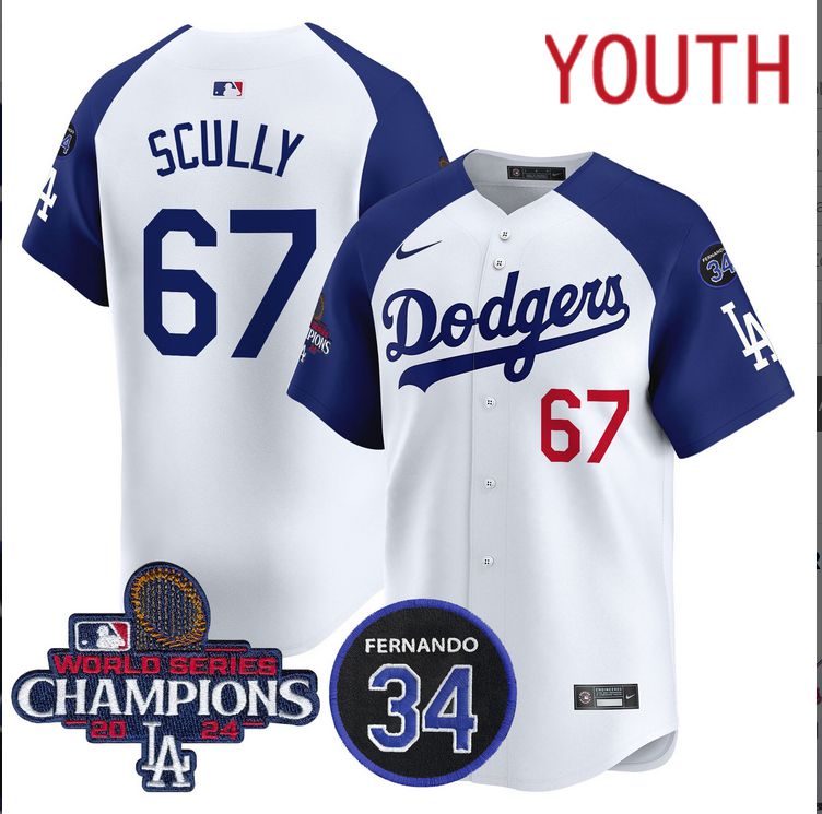 Youth MLB Los Angeles Dodgers 67 Scully white 2024 World Series Champions Patch Limited Jersey style 4